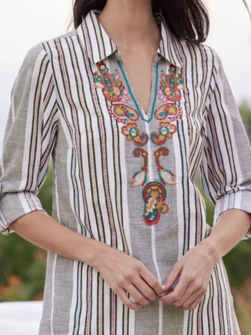 Soft Surroundings Aruba Striped Tunic with Multicolor Embroidery-PL